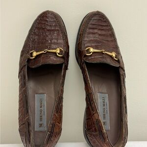 Bruno Magli Croc-Embossed Brown Loafers with Gold Accent